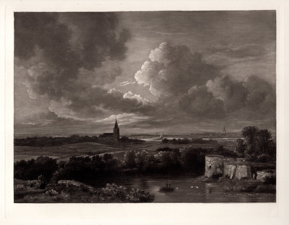 Jacob Ruisdael "Village Landscape" etching 1800s: Jacob Ruisdael. "Landscape, With Village Churches in the Distance". Antique etching on thick wove paper after the original by C.O. Murray. This is not a modern reprint but was hand pulled from the cop