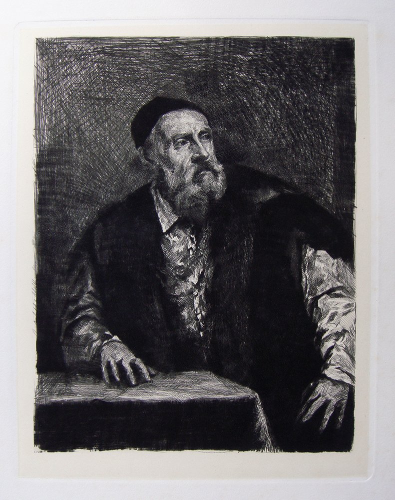 Titian Self Portrait etching 1800's: Etching on heavy wove paper after Titian. "Self portrait" This impression is well more than 120 years old. This is not a modern reprint but was hand pulled from the copper plate late 1880's. The strik
