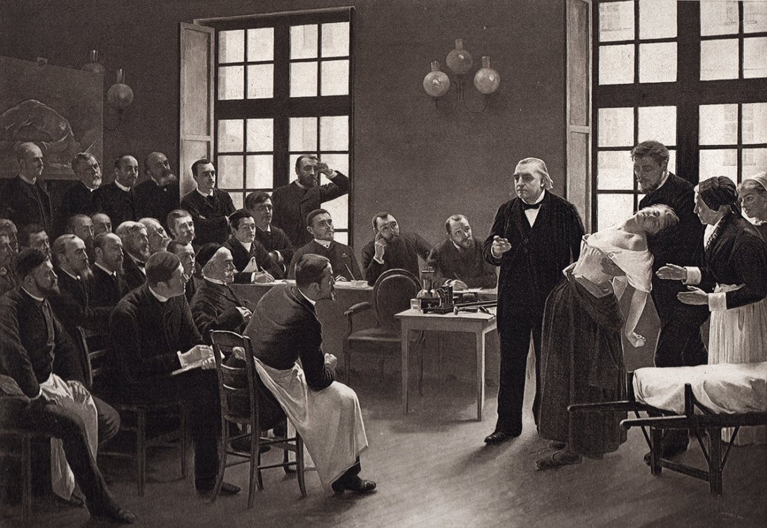 A. Brouillet "A Clinical Lecture": Antique heliogravure on heavy wove paper after Pierre Andre Brouillet. "A Clinical Lecture by Charcot", at the Salpetriere Hospital, Paris, where Dr. Charcot is explaining to his pupils his treatment 