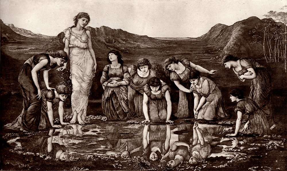 Jones Venus' Looking-Glass heliogravure 1800s: E. Burne Jones. "Venus' Looking-Glass". Antique heliogravure on thick wove paper after the original by Dujardin. This is not a modern reprint but was hand pulled from the copper plate c 1880. The stri