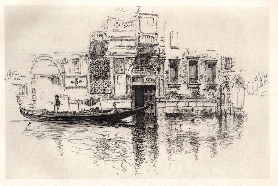 J. Pennell "A Watergate in Venice" 1880's: Joseph Pennell. "A Watergate in Venice". After the original by master engraver, Dujardin, on laid paper. This impression is well more than 120 years old. This is not a modern reprint but was hand pull
