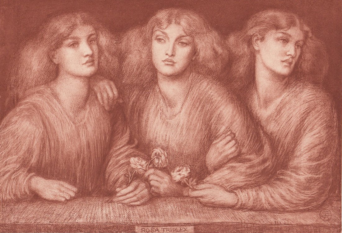 D.G. Rossetti "Rosa Triplex" Framed: Antique heliogravure on thick laid paper after Dante Gabriel Rossetti "Rosa Triplex" 1892. This is not a modern reprint. (Image size 7 x 10 inches). This print is in excellent condition. Comes with a 