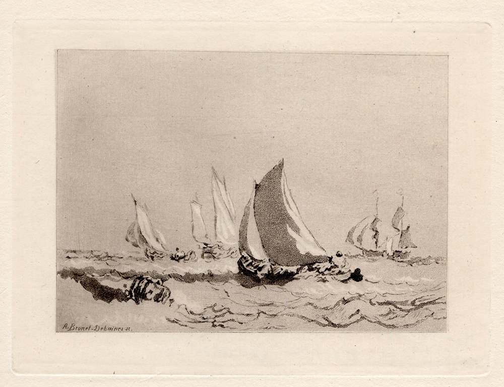 Turner "Boats" Mezotint 1870's: Joseph Mallord William Turner. Boats. Mezotint on wove paper after the original by master engraver, Alfred Louis Brunet-Debaines. This is not a modern reprint but hand pulled from the copper plate c. 