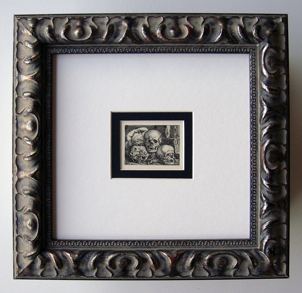 Barthel Beham Infant with Skulls engraving 1800's: Beham, Barthel. "Infant laying with three skulls" Engraving on laid paper after the original by master engraver Amand Durand. Original engraving was created in 1500's. This impression is well more tha