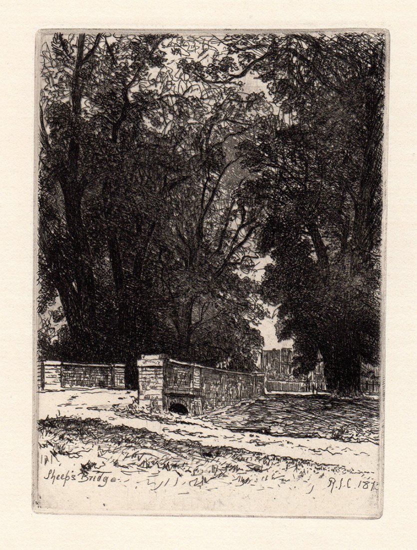 Chattock "Sheeps Bridge, Eton" etching: Antique etching on thick laid paper by Richard Samuel Chattock "Sheeps Bridge, Eton". Monogrammed in the plate. This is not a modern reprint but was hand pulled from the copper plate in 1873. The stri
