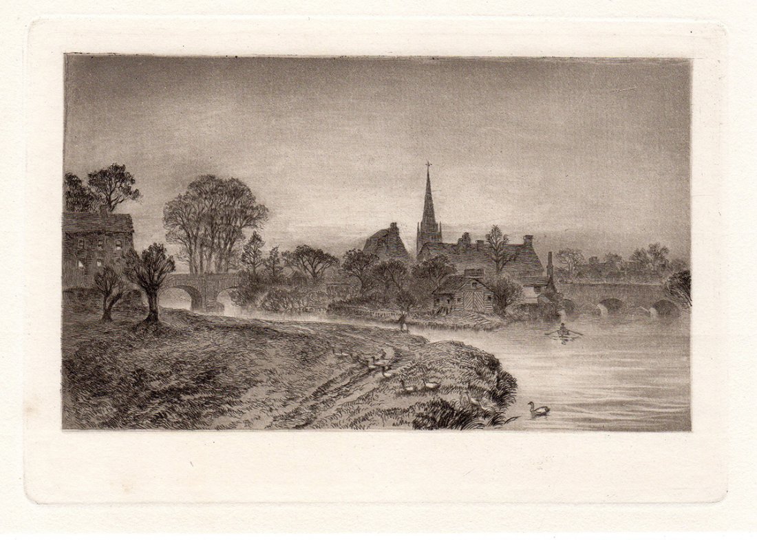 Dawson "View of the Thames; Abingdon": Antique aquatint etching on thick laid paper by Alfred Dawson "View of the Thames; Abingdon". This is not a modern reprint but was hand pulled from the copper plate in 1884. The strike is crisp and th