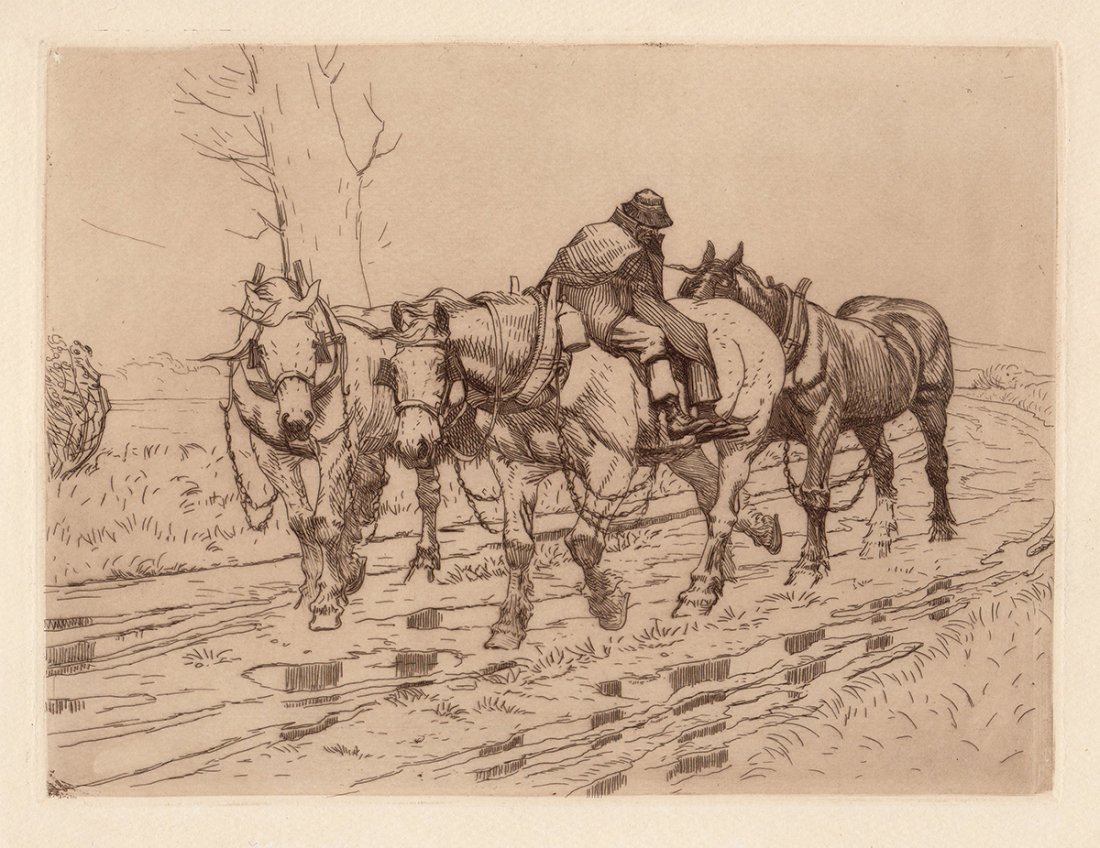 Gascognie "The Return from Work" etching 1800s: Gascognie, George (Gascoyne) "The Return from Work" Copper plate etching on wove paper. This impression is well more than 110 years old. Published circa 1890. This is not a modern print. The strike is