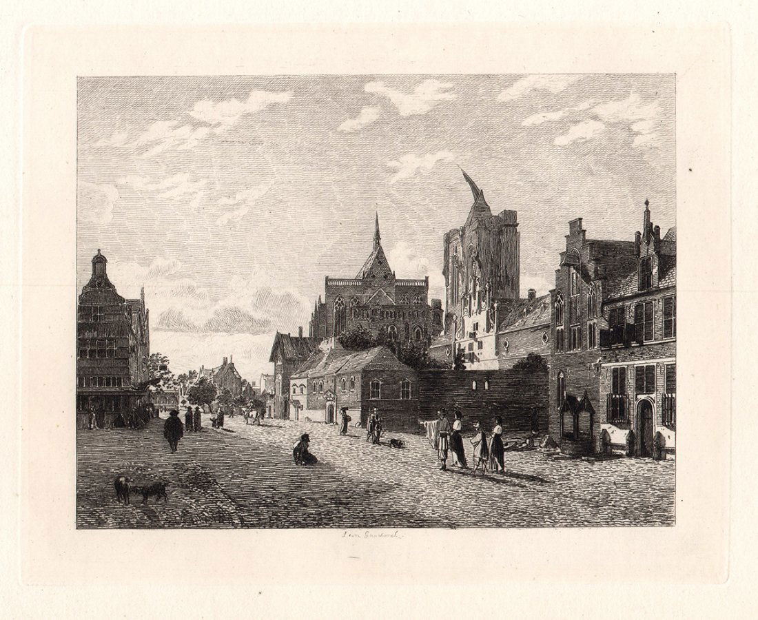Vander Heyde "A Street View in Cologne": Antique etching on laid paper by Vander Heyde. "A Street View in Cologne", after the orginal artist by L. Gaucherel. This impression is well more than 120 years old. This is not a modern reprint but w