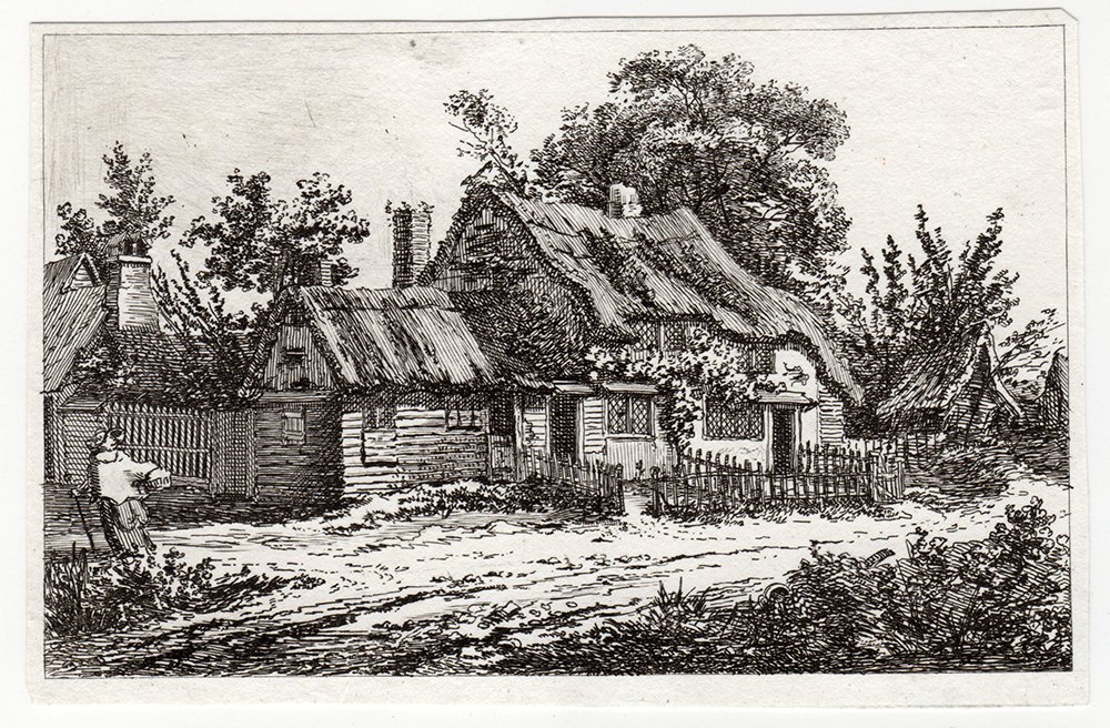 John Thomas Smith Cottages and Woman: John Thomas Smith "Landscape: Cottages with Woman and a Basket" Etching on wove paper, 1793. Image c. 3 1/4 x 5 1/2 inches. Comes with certificate of authenticity.