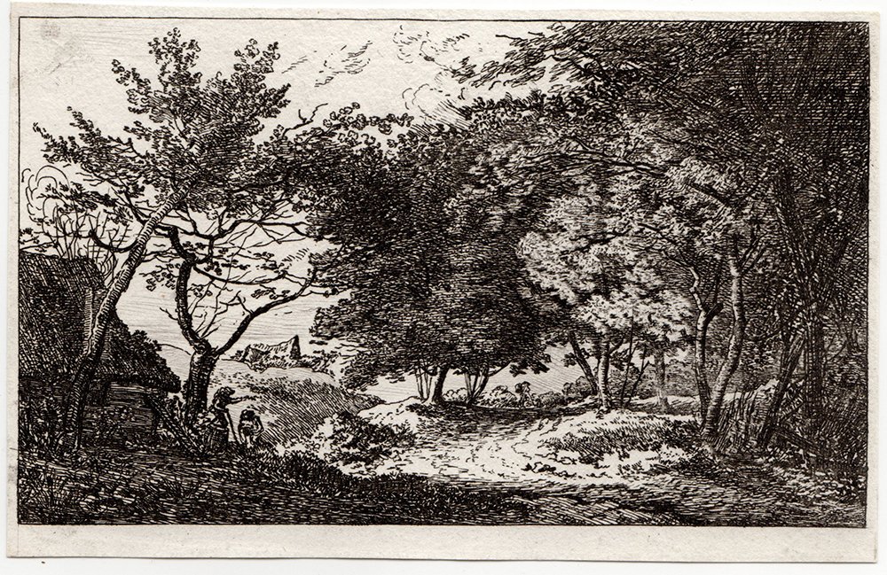 John Thomas Smith Country Lane etching: John Thomas Smith "Landscape: Cottage and Country Lane" Etching on wove paper, 1793. Image c. 3 1/4 x 5 1/2 inches. Comes with certificate of authenticity.