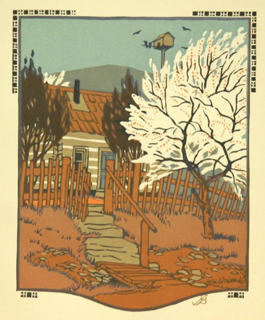 Gustave Baumann Original color woodcut: Gustave Baumann (German/American, 1881 - 1971). "April". Original color woodcut. 1912. Signed in the block, lower right. Cream wove paper. Wide margins. Fine impression with heavy ink application. Ver