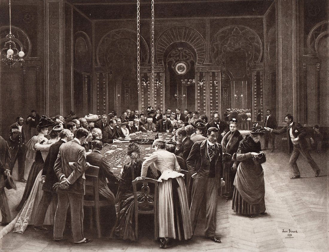 J. Beraud "At Monte Carlo" Framed 1800s: Antique heliogravure on heavy wove paper after Jean Beraud. "At Monte Carlo", visitors at the gambling-table. Each face is an impressive study, and the picture as a whole conveys a serious lesson. Thi