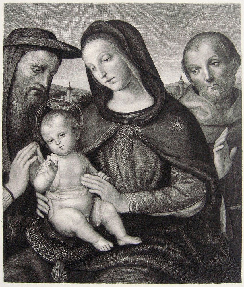 Raphael Madonna and Child and Saints etching: Antique Etching on heavy wove paper after Raphael by master etcher O. Reim in the 1800's. "Madonna and Child with the saints" This impression is well more than 120 years old. This is not a modern repr