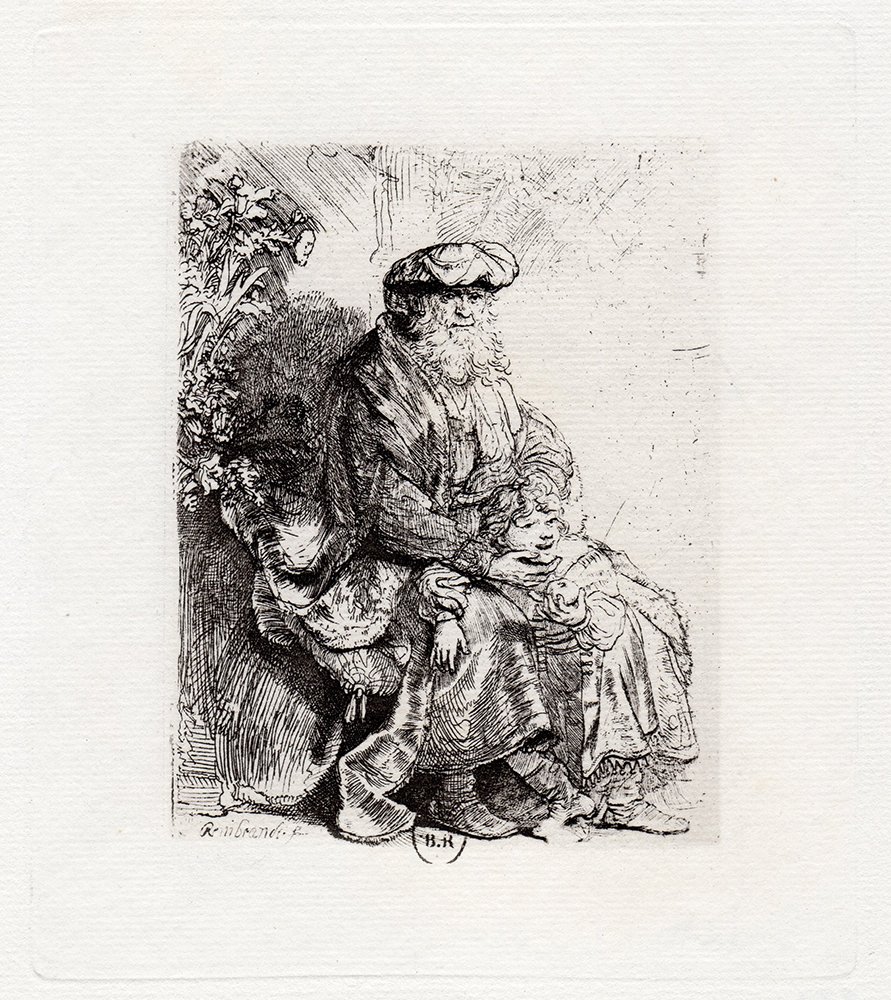 Rembrandt Jacob Caressing Benjamin etching: Etching on laid paper after Rembrandt by a master engraver in the 1800's. "Jacob Caressing Benjamin" Reference: Bartsch 33 . This impression is well more than 130 years old. This is not a modern repri