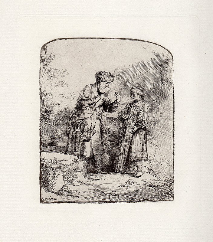 Rembrandt Abraham and Isaac etching: Etching on laid paper after Rembrandt by a master engraver in the 1800's. "Abraham and Isaac". Reference: Bartsch 34. Signed and dated in the plate This impression is well more than 130 years old. Thi
