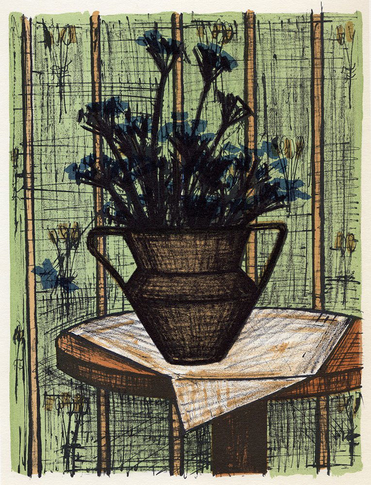 Bernard Buffet Lithograph framed Flowers: Buffet, Bernard "Vase of Flowers," color lithograph after the original, 1967. Lithography executed by legendary atelier Mourlot. Professionally matted and framed. Framed dimenions c. 16 x 18 inches.