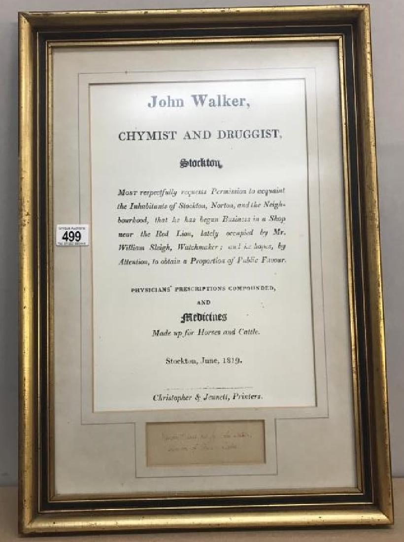 A framed and glazed certificate of business for John: A framed and glazed certificate of business for John Walker.