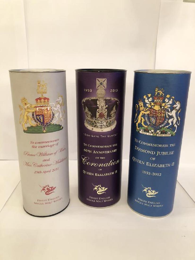 3 bottles of English whisky (commemorative William and: 3 bottles of English whisky (commemorative William and Kate, 60th anniversary of Queen Elizabeth II and Queens Diamond Jubilee)