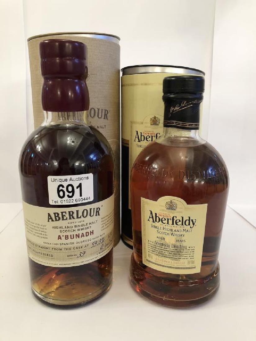 2 bottles - Aberfeldy single highland malt Scotch: 2 bottles - Aberfeldy single highland malt Scotch whisky (aged 12 years) and a bottle of Aberlour single malt Scotch whisky