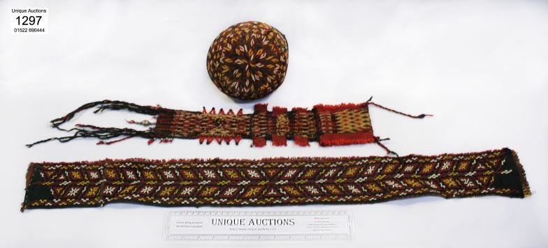 2 Central Asian tribal belts and a skull cap: 2 Central Asian tribal belts and a skull cap