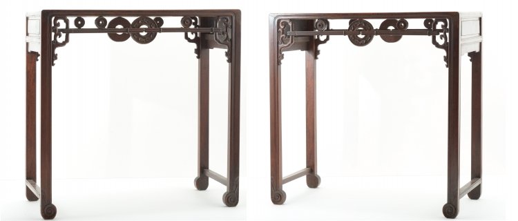 A pair of hardwood console tables: China, Qing Dynasty, 18th century A pair of small console tables raised on tall legs and elegantly carved following the archiastic style. lxh 81 x 81 cm
