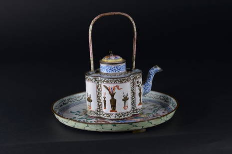 An enamelled teapot and small plate: China, Qing Dynasty, 19th Century Enamelled metal with floral decoration. Measurements: diam. 21cm and h. 11cm.