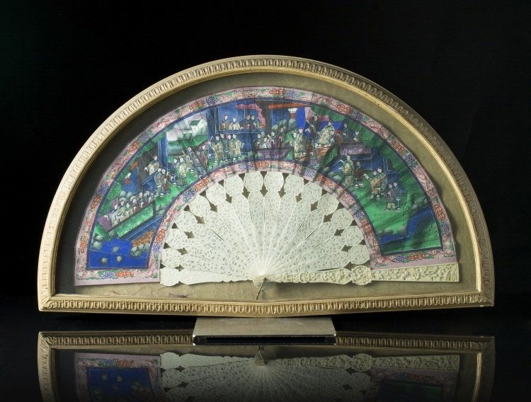 Caton School, a fan: China, Qing Dynasty, 19th Century Fretworked ivory ribs, fan decorated in tempera painted on paper. lxh 60 x 36 cm