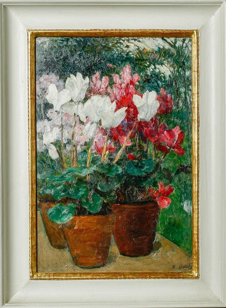 Ernest Quost (attr.) Oil on panel: France, 19th Century Oil on board portraying cyclamens, signed Ernest Quost, framed. hxl 41 x 27,5 cm