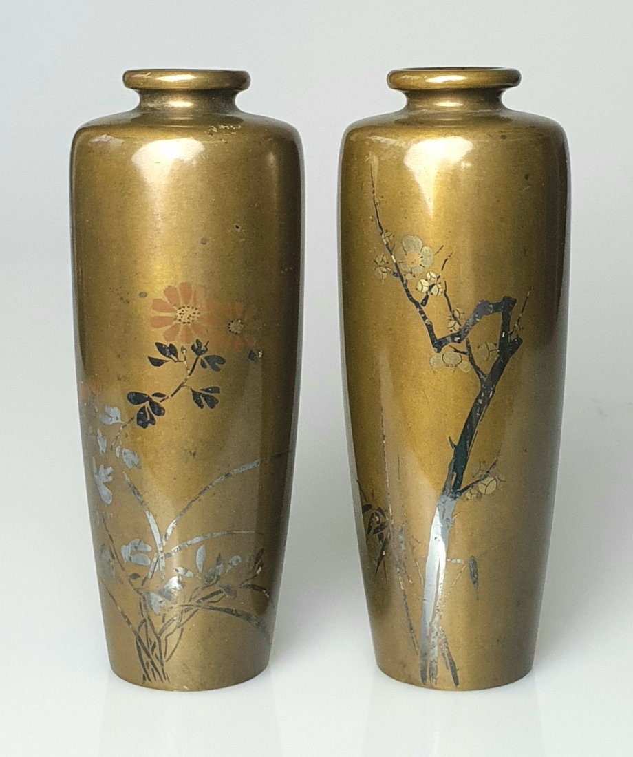 A pair of Japanese mix metal small bronze vases, Meiji. (1 of 9)