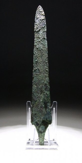 Near Eastern Pre Islamic Spearhead: Marlik culture, 1400-1000 BC. A bronze cast spearhead with raised midrib, square shoulders and short tang. Published 2006. Arms and Armors from Iran. The Bronze Age to the end of Qajar Period. Fig 272