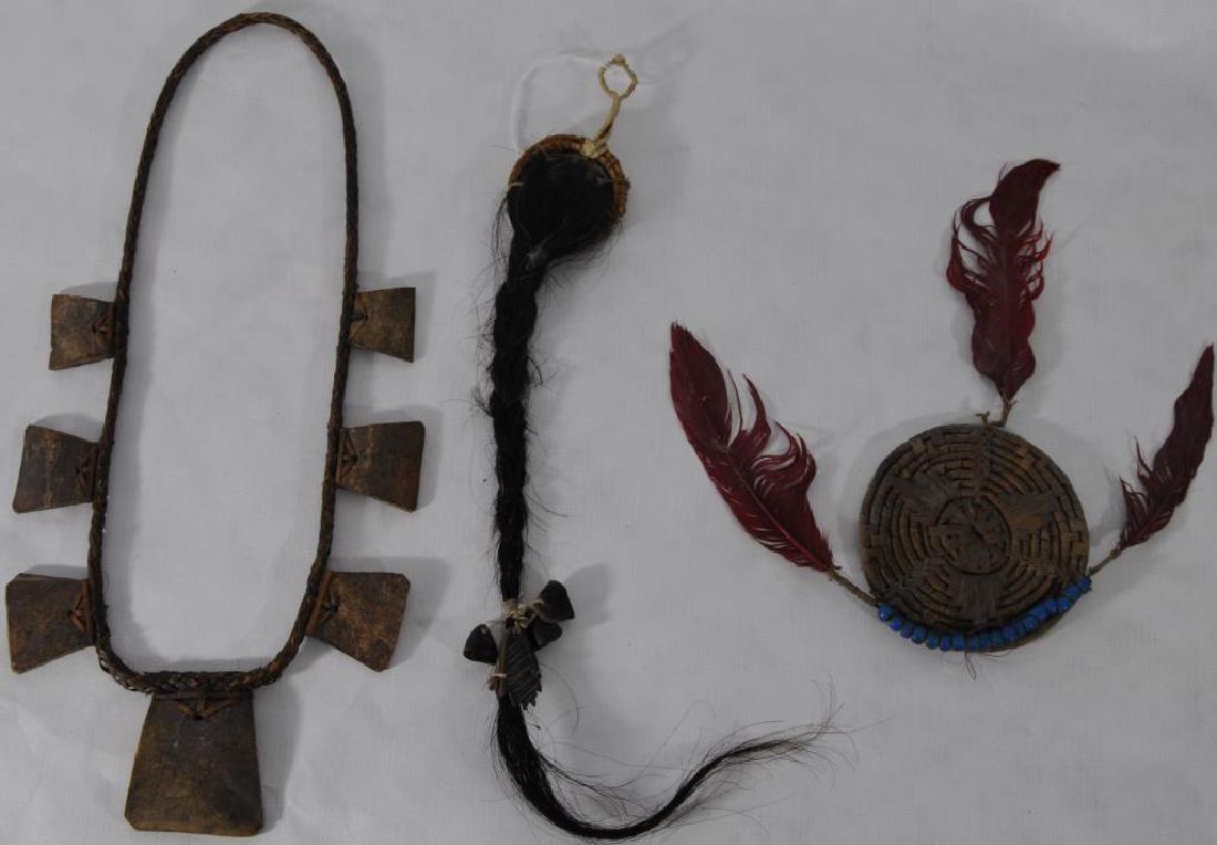 LOT OF 3 TO INCLUDE INDIAN - A FRAME WITH 3 SCALP: LOCKS, CARVED HOOF AND OTHER SUSPENSIONS. ALL ARE HORSEHAIR WITH WOOD HOOPS, SINEW SEWN, AND CARVED DEW CLAWS, 2 HOOPS ARE PAINTED, 1 HAS ANIMAL FOOT SUSPENSION. SOUTHWEST. (I ONLY HAVE 1). (AMERICAN 