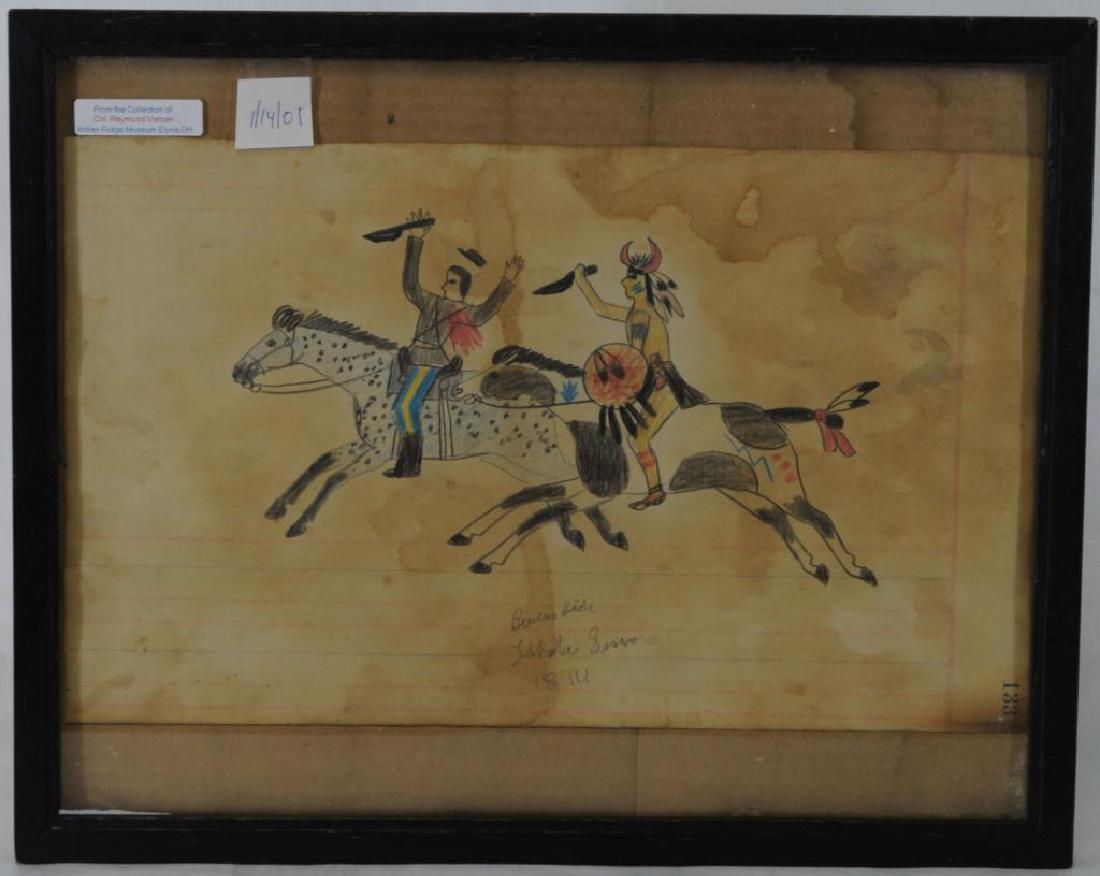 UNIQUE LEDGER STYLE DRAWING OF LAKOTA SIOUX: IN PENCIL UNDER DRAWING: LAKOTA SIOUX 1894. COLORED PENCIL DRAWING OF 2 MOUNTED MEN. INDIAN: HORN BONNET, SHIELD: FEATHERS AND THUNDERBIRD, 3 FACE STRIPES, UPPER ARM BAND, RAISED KNIFE WITH KNIFE SHEA