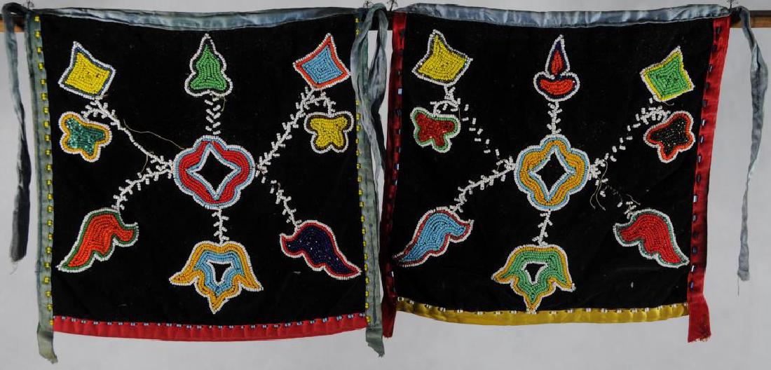 BEADED SMALL CHILD'S BREECHCLOUT AND VEST: APPLIQUE SEED BEADS ON BLACK VELVET, STYLIZED FLORAL BEADING: WHITE WITH OLIVE, RED, GREEN, YELLOW, ORANGE, FACETED: CARNIVAL, METALLIC, BLUE, PURPLE. GREAT LAKES.