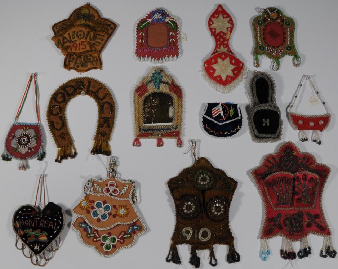 LOT OF 14 (13?) WOODLANDS BEADED ITEMS TO INCLUDE: 2 POCKET WATCH HOLDERS, 3 PICTURE FRAMES, 2 PURSES, 2 WHISKBROOM HOLDERS, A PIN CUSHION, MATCH SAFE, A HORSE SHOE, AND A CANOE OF ASSORTED SHAPES AND SIZES, SOME WITH DATES AND/OR PLACE NAMES IN BEADS