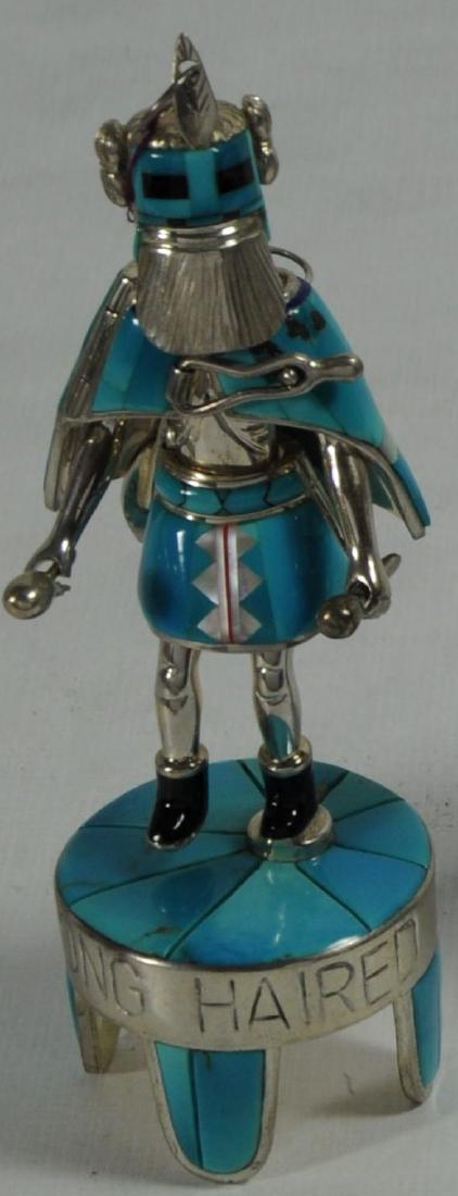 "LONG HAIRED" STERLING SILVER AND TURQUOISE: KACHINA BY DAVID R. FREELAND JR. SMALLER: 6 1/4" H, WITH CAPE. SOUTHWEST. (ORIGINALLY $1,100).