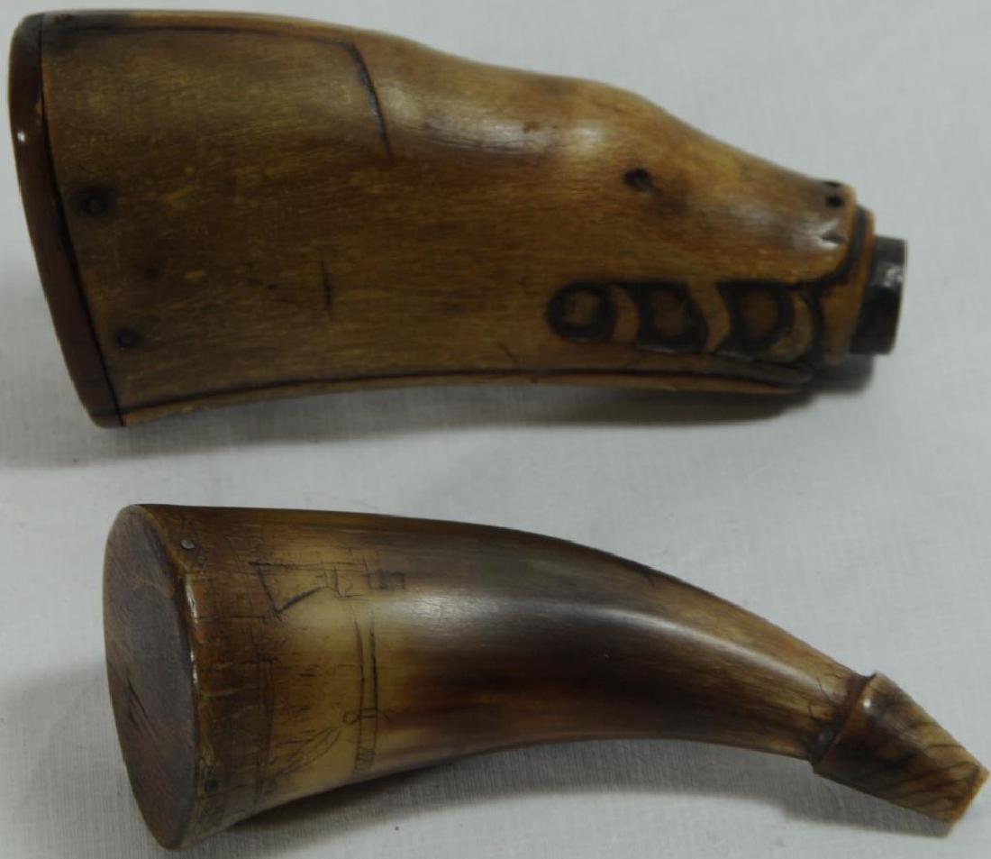 LOT OF 2 ITEMS TO INCLUDE INDIAN CARVED HORN: PRIME FLASK, STYLIZED ANIMAL HEAD WITH LONG SHARP TEETH GRIPPING TUBE THAT FORMS NOZZLE (SIC), THREADED FOR A CAP WHICH IS MISSING, 4 1/4" H. PRIMING HORN, C. 1800-1830, C. 3 3/4" H, 1 5/8" X 1 7/16"