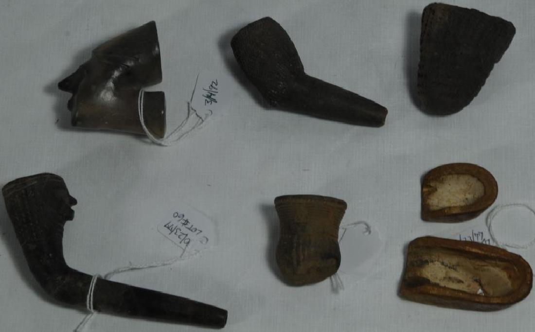 LOT OF 5 CLAY ITEMS TO INCLUDE OWASCO CLAY PIPE,: BOWL IS ENTIRELY IMPRESSED DESIGN: STIPPLE LIKE. FROM OWNER: JEFFERSON CO., N.Y. IN INDIA INK: "D-845". PRE-IROQUOIAN, WOODLANDS. (LAXTON COLLECTION: KENNETH LAXTON, SKANEATELES, N.Y.) IROQUOIS CLAY E