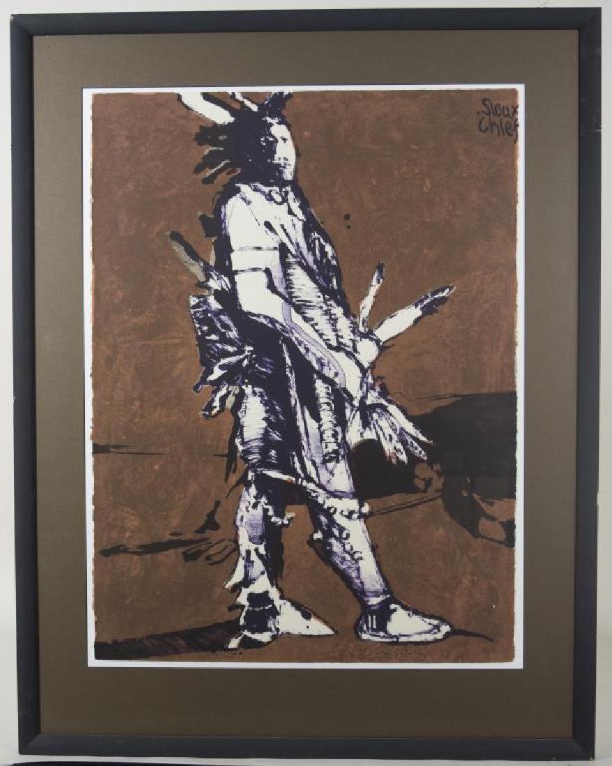 “SIOUX CHIEF” LITHOGRAPH ON CREAM WOVE PAPER, BY: FRITZ SCHOLDER (NATIVE AMERICAN, MISSION, 1937-2005), SIGNED AND NUMBERED “103/150 SCHOLDER”, 30” X 22” (SIGHT), 39” X 31” (FRAME).