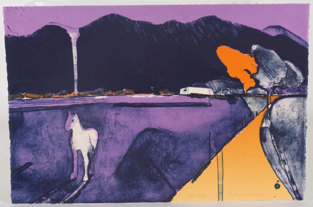 “MYSTERY HORSE” LITHOGRAPH ON CREAM WOVE PAPER,: BY FRITZ SCHOLDER (NATIVE AMERICAN, MISSION, 1937-2005), SIGNED AND NUMBERED “28/50 SCHOLDER” IN PENCIL L.R., ARTIST’S AND PUBLISHER’S DRY STAMPS ALONG LOWER EDGE, 15” X 22 ½” (SIGHT).