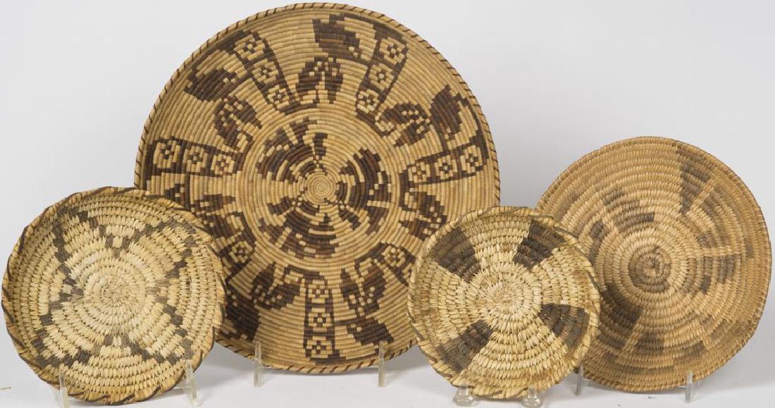 THREE SMALL PAPAGO BASKETS; AND TRAY, TRADITIONAL: STAR AND STEPPED DESIGNS, 5 ½”, 6 ½” AND 7 ½” DIA; LARGE ROUND BASKETRY TRAY, COIL TECHNIQUE WITH INTRICATE DESIGNS, CROSSES AND GEOMETRICS WITH DARK BROWN ON A LIGHT TAN BACKGROUND, UNKNOWN
