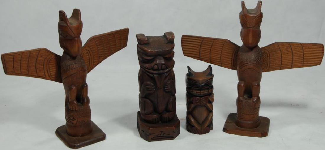 LOT OF 4 CARVED TOTEMS TO INCLUDE HAIDA TOTEM: POLE, SIGNED CREED TOTEMS ANCHORAGE, ALASKA, STYLIZED CARVING OF BEAR, 7 1/4" H X 3" W, NICELY CARVED CA. 1930-1940. HAIDA TOTEM POLE, SIGNED "MADE IN ALASKA BY RAVEN", CA. 1930, 4 3/4" X 2" W. 2 CARV