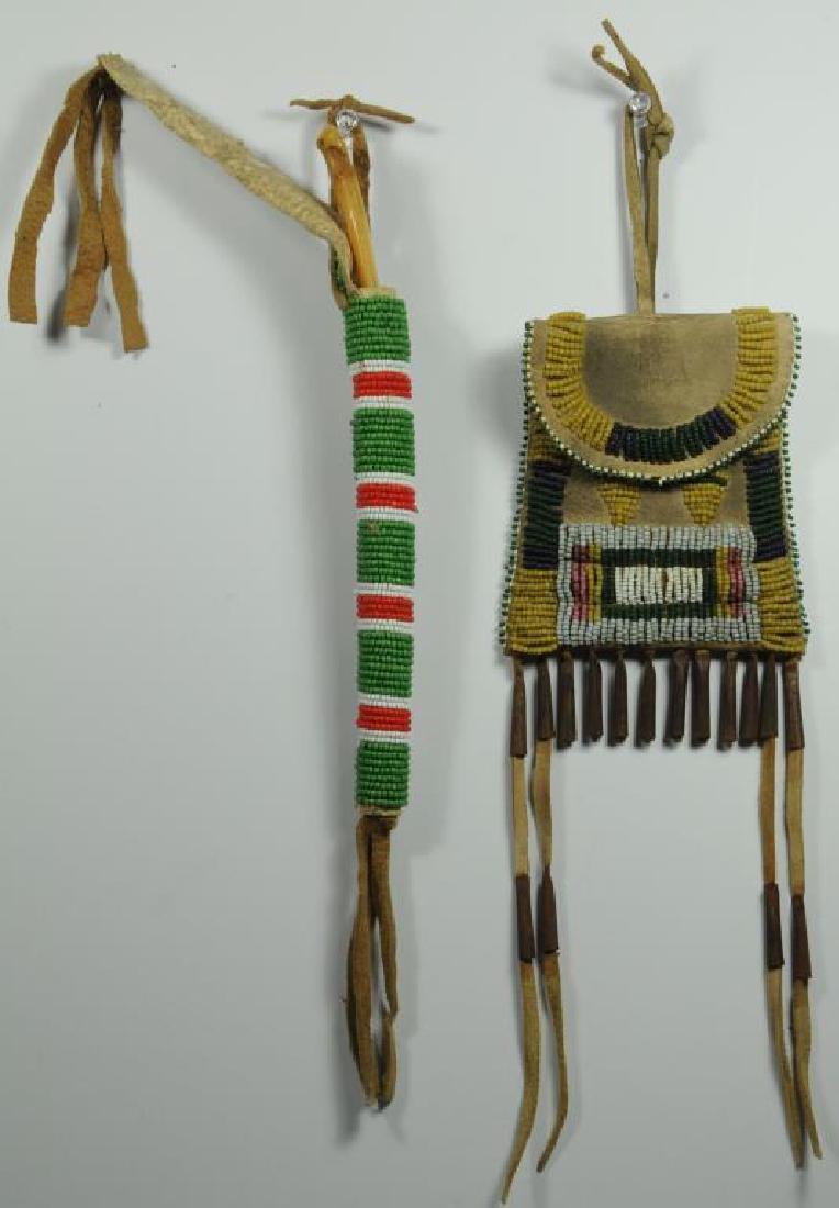 LOT OF 2 TO INCLUDE FINE SOUTHERN PLAINS AWL CASE: WITH BONE AWL (PROBABLY SIOUX). CLASSIC BEAD PATTERN AND COLORS; GREEN, WHITE, AND RED BEADS, RAWHIDE SUSPENSIONS. AWL IS OLD AND VERY WORN. CASE IS 6 1/2" LONG WITH 3" SUSPENSIONS. STRIKE-A-LITE BAG 