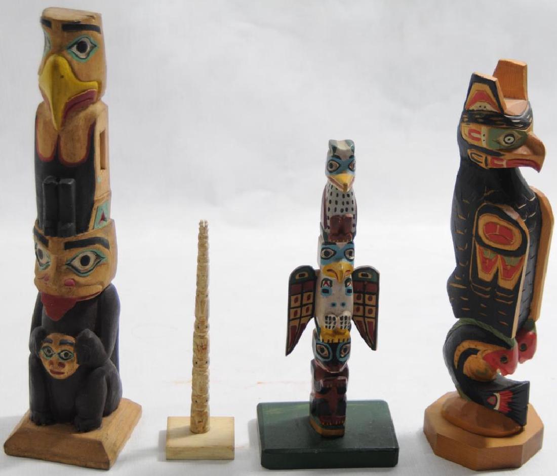 LOT OF 4 CARVED NORTHWEST COAST TOTEMS 3 PAINTED: WOOD PLUS CARVED WALRUS, 1 SIGNED, 5 1/2" - 9 1/2" H.