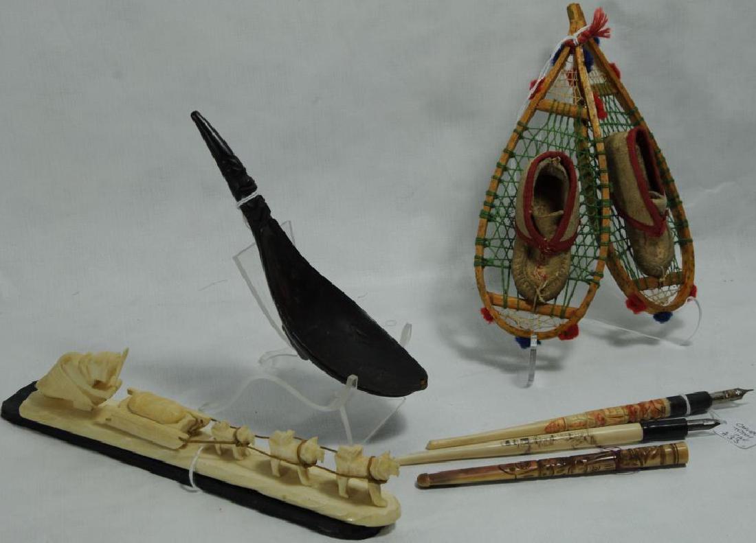 LOT OF 7 MISC. ITEMS TO INCLUDE PAIR OF MINIATURE: SNOWSHOES WITH HIDE MOCCASINS ATTACHED, MOSTLY GREEN STRING WITH SOME WHITE STRING FOR LASHING, RED AND BLUE POMPOMS, FROM ST. REGIS. MOHAWK IROQUOIS, WOODLANDS. BONE/IVORY CIGARETTE HOLDER, 5 1/4" L,