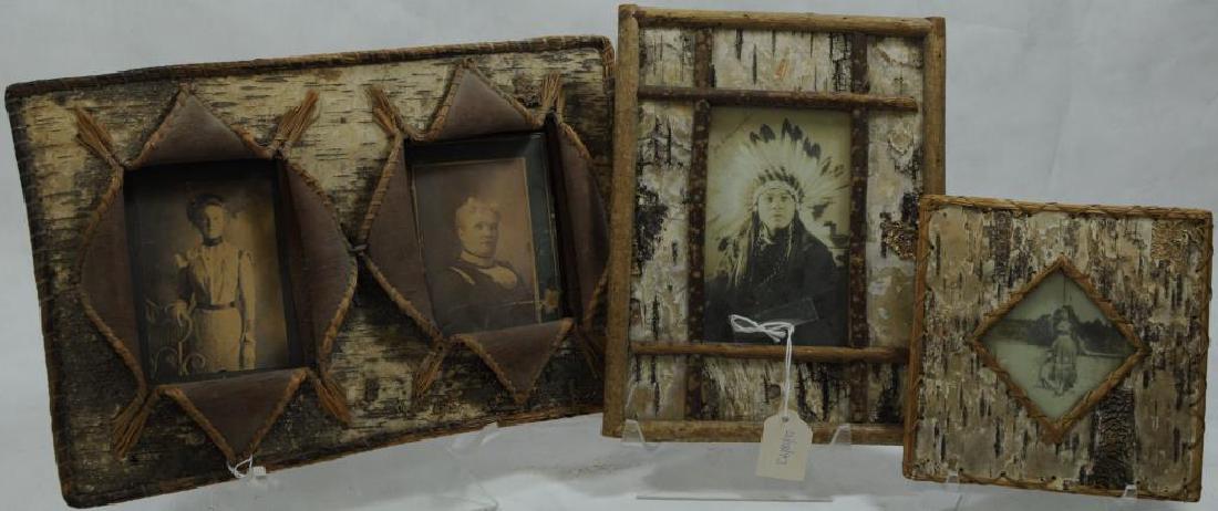 LOT OF 3 BIRCH BARK ITEMS TO INCLUDE BIRCH BARK: FRAME WITH INDIAN PHOTO, C. 9 1/4" H X C. 7 1/8" W, TWIG BORDER AND DIVIDERS, PHOTO: YOUNG MALE IN PLAINS WAR BONNET AND BEAD NECKLACE, SIGNED IN SCRIPT: "JOE ETTAWAGEOHIK". WOODLANDS. BIRCH BARK PICT
