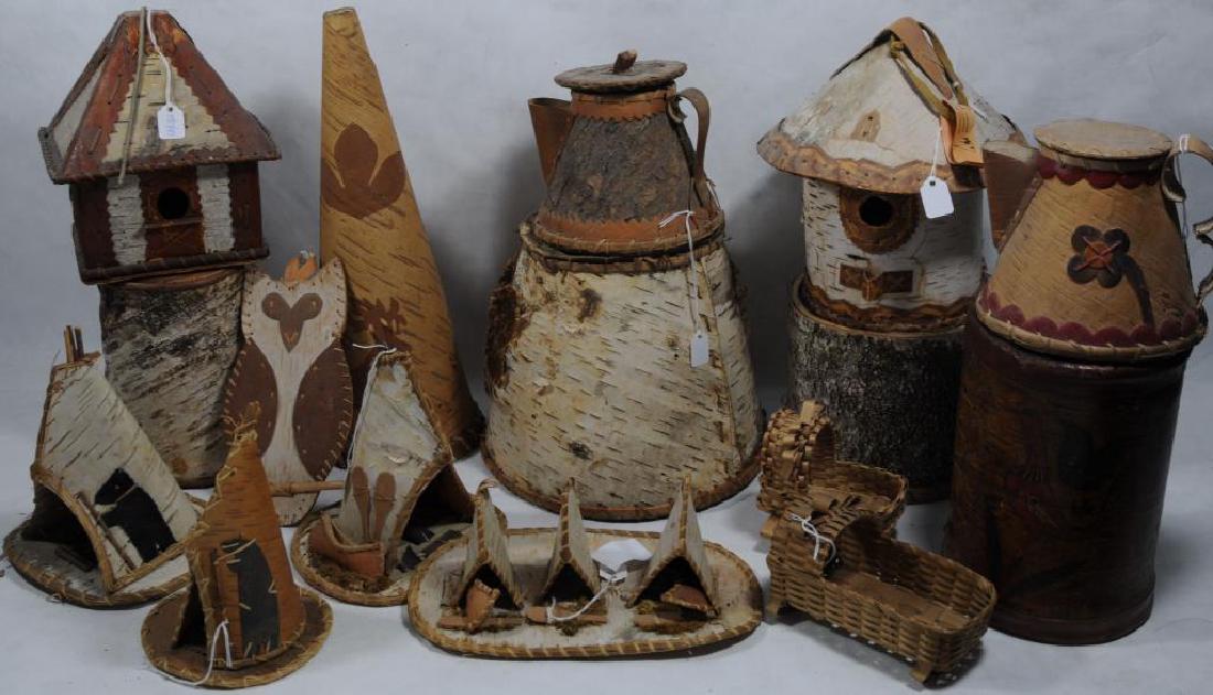 LOT OF 16 BIRCH BARD & WOVEN SPLINT ITEMS,: TO INCLUDE 4 BIRCH BUCKETS, 2 BIRCH TEAPOTS, 2 BIRCH BIRD HOUSES, FUNNEL, 4 TIPI, 2 WOVEN SPLINT, CRADLES, BIRCH OWL WALL PLAQUE, 4" - 14 1/2" H