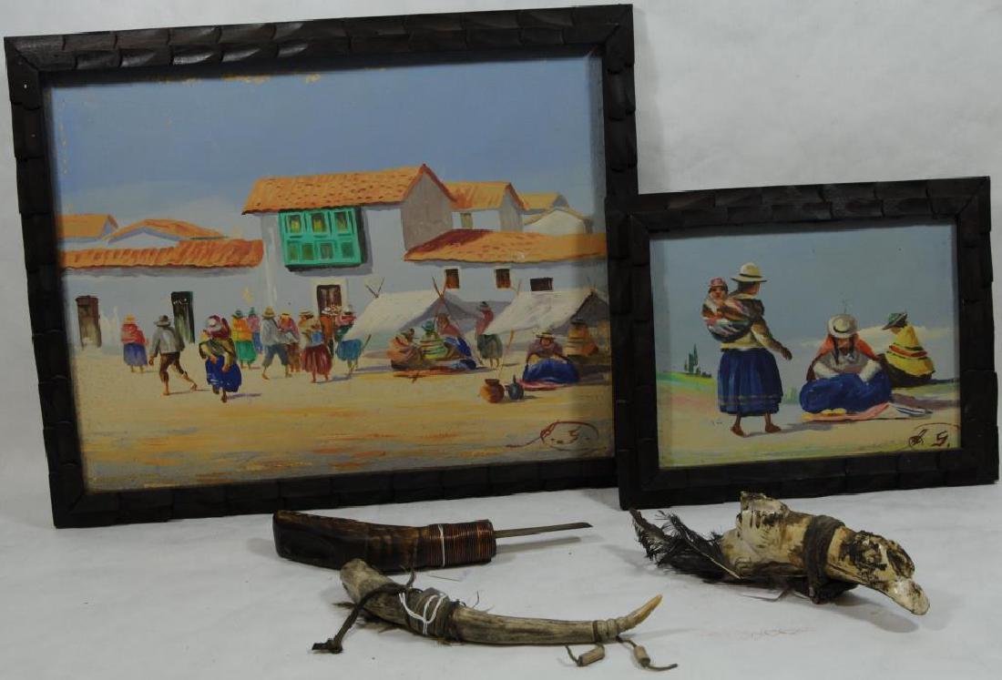 LOT OF 5 MISC. ITEMS, 2 OIL ON CANVAS PAINTINGS: DEPICTING MEXICAN LIFE, 7 1/4" X 9 3/4" AND 12 3/4" X 16", CONTEMPORARY BONE FETISH WITH ABALONE, 6" L, CONTEMPORARY CROOKED KNIFE 9" L, CARVED BONE TOOL, CONTEMPORARY 8 1/2" L