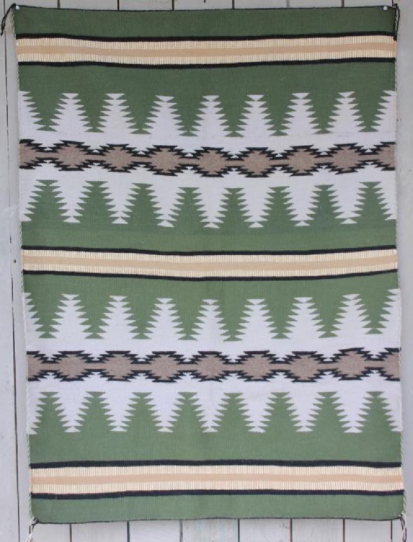 NAVAJO WEAVING BY EVA SILVERSMITH MIND SPRING,: GEOMETRIC DESIGN, GREEN, BLACK, TAN & WHITE, 36" X 47", FROM THE COLLECTION OF DR. MARK & MARY BARROW