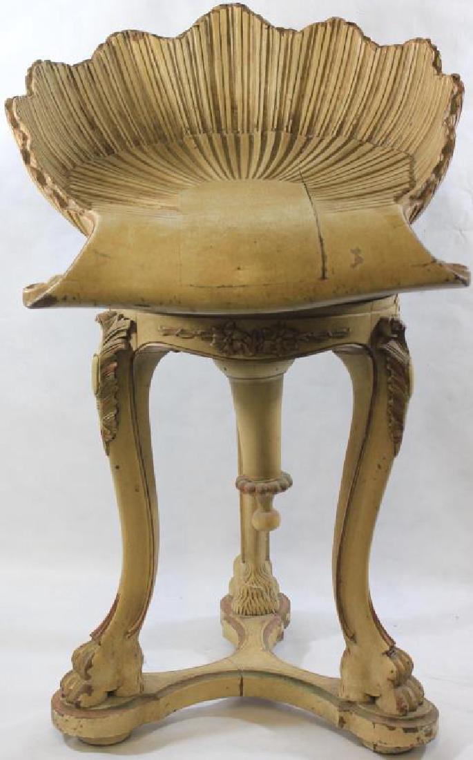 LATE 19TH C. CARVED AND PAINTED WOOD PIANO STOOL: W/ SHELL FORM SEAT AND HAIRY CLAW FEET, WEAR TO PAINT, SHOWS SOME SEPARATIONS, 27 1/2" H X 17" W X 17" D