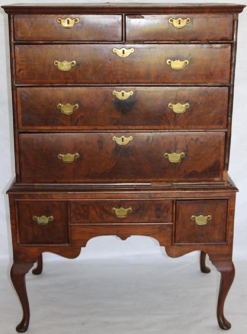 18TH C. GEORGE II BURL WALNUT HIGHBOY, INLAID: DRAWER FRONTS, OAK SECONDARY, SEVERAL PIECES MISSING VENEER AND MOLDING, 57 1/2" H, 39 1/4" W, 23 1/4" D